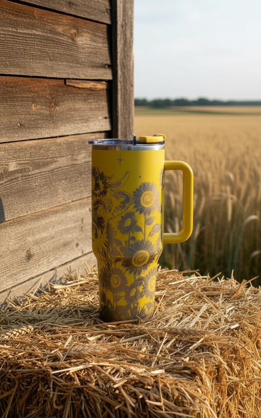 Sunflower Highland Cow 40 oz Stainless Steel Tumbler Yellow
