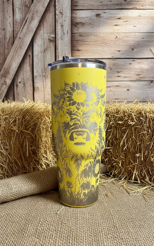 Sunflower Highland Cow 40 oz Stainless Steel Tumbler Yellow